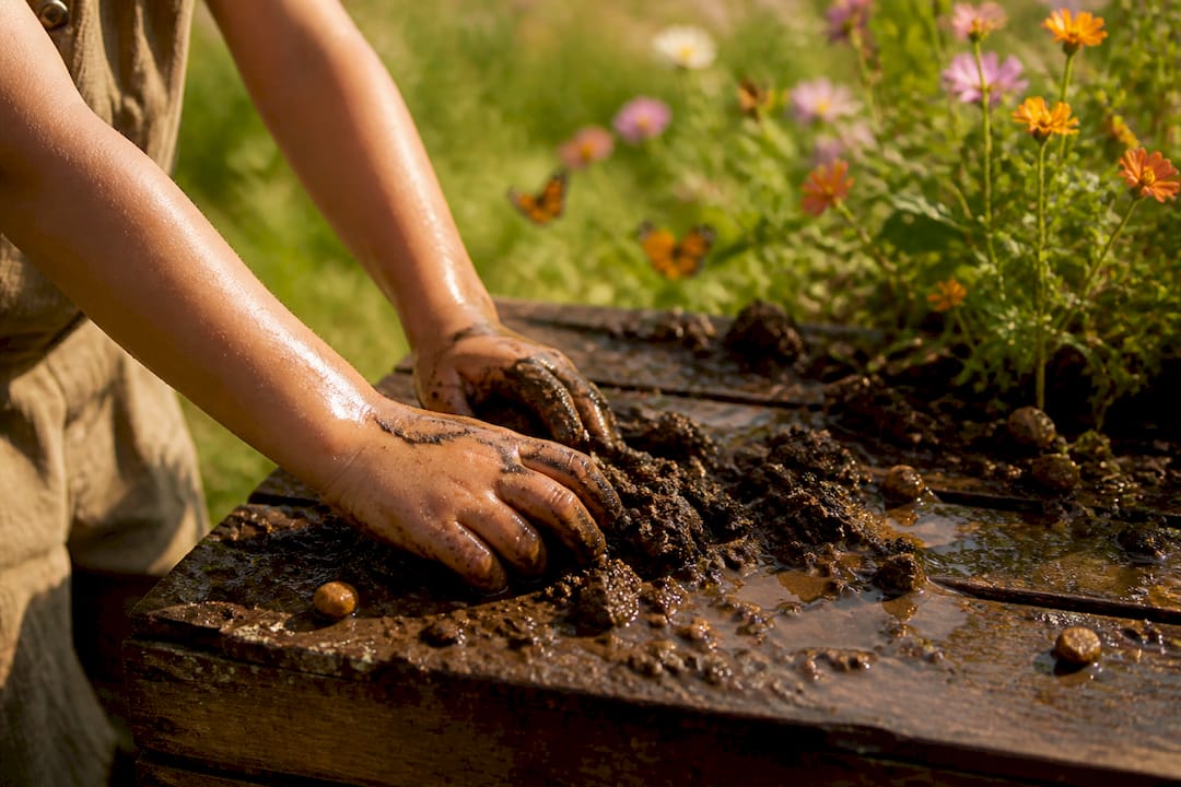 Child mixing mud in outdoor mud kitchen