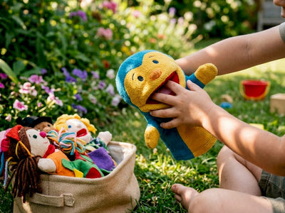 Child's hands using a colorful hand puppet
