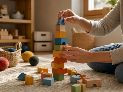 Hands assembling wooden Montessori stacking toy