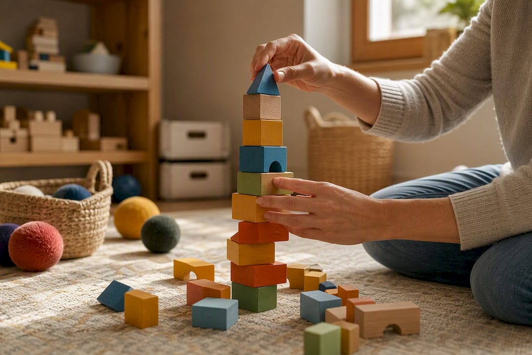 Hands assembling wooden Montessori stacking toy