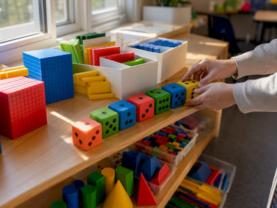 Classroom shelf with colorful math manipulatives