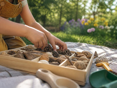 Child's hands exploring nature-themed tinker tray