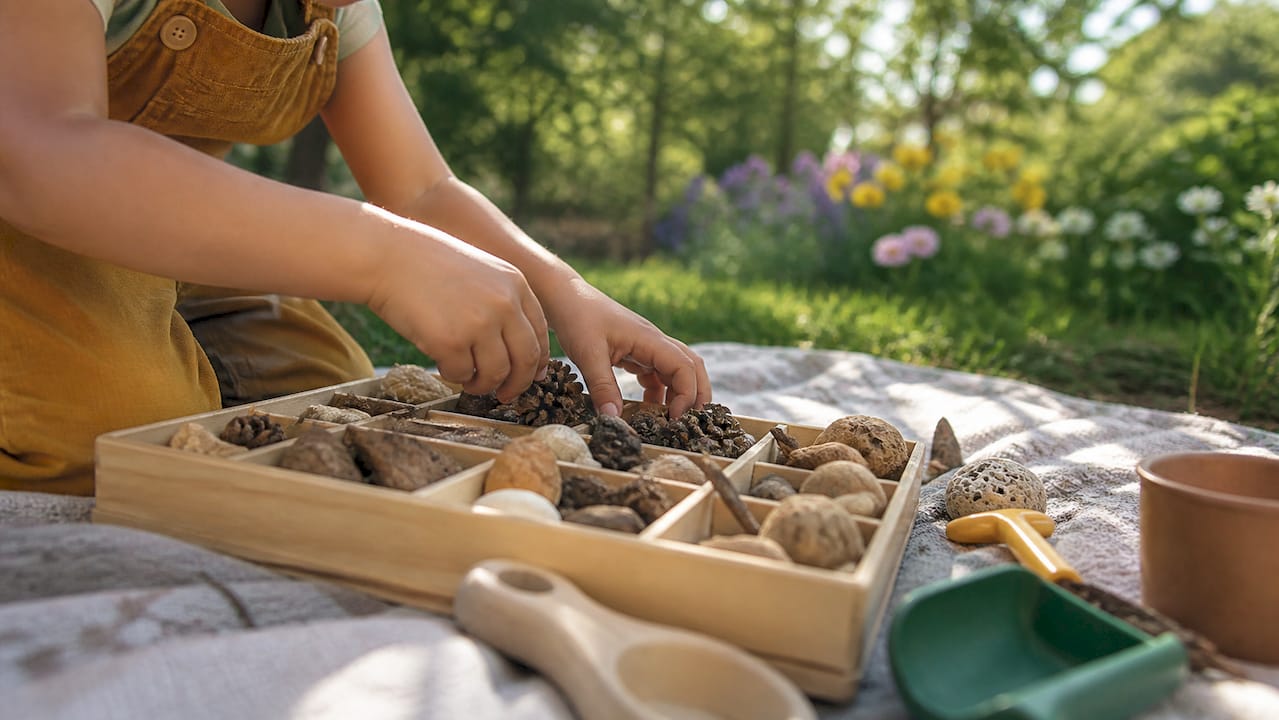 Child's hands exploring nature-themed tinker tray