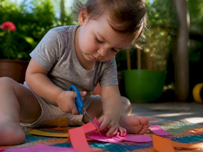 Toddler cutting paper with child-safe scissors