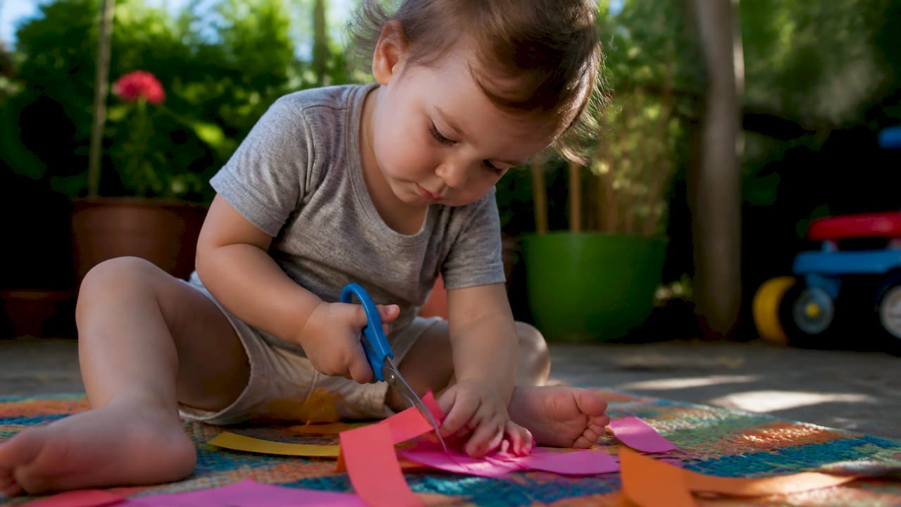 Toddler cutting paper with child-safe scissors