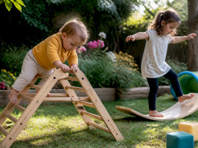 Toddlers climbing and balancing on gross motor toys