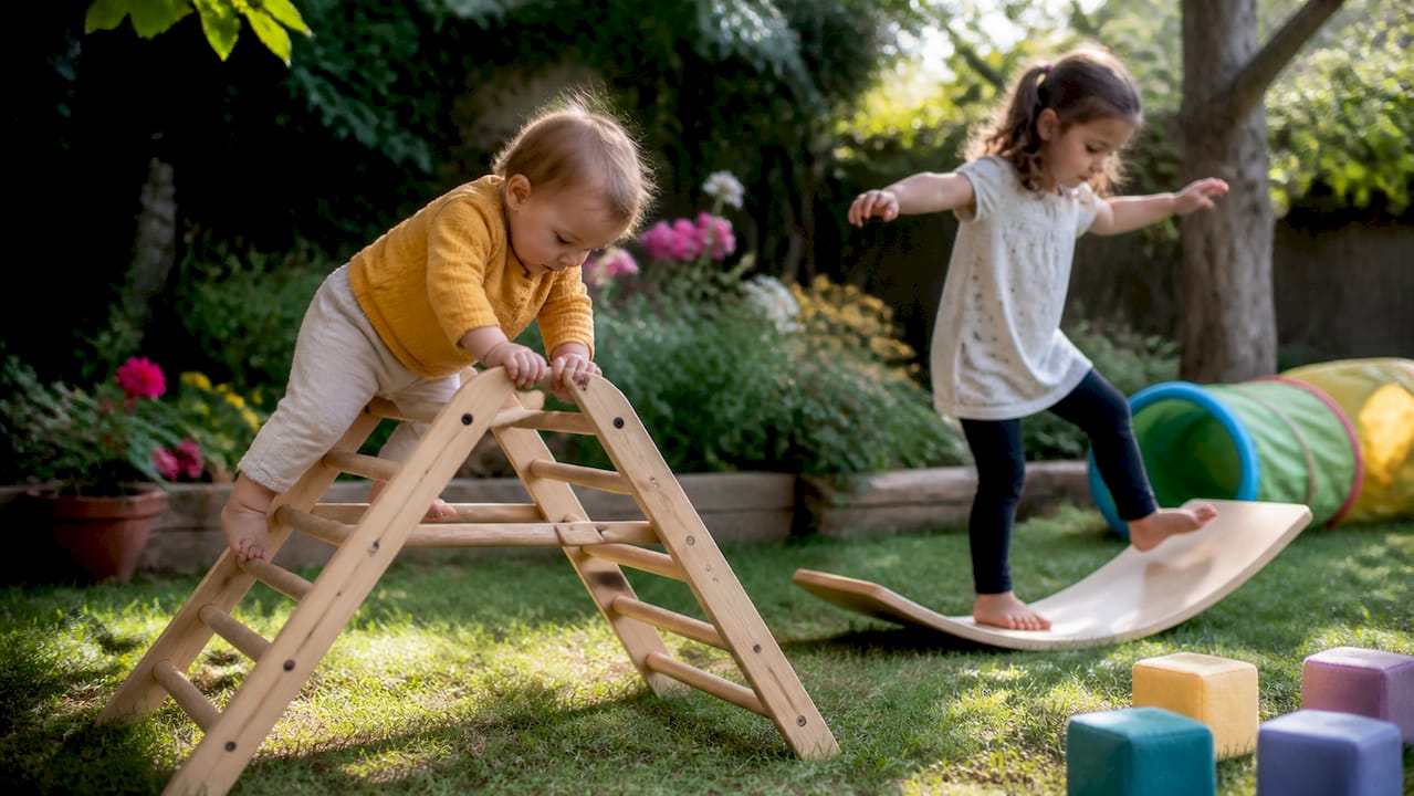Toddlers climbing and balancing on gross motor toys