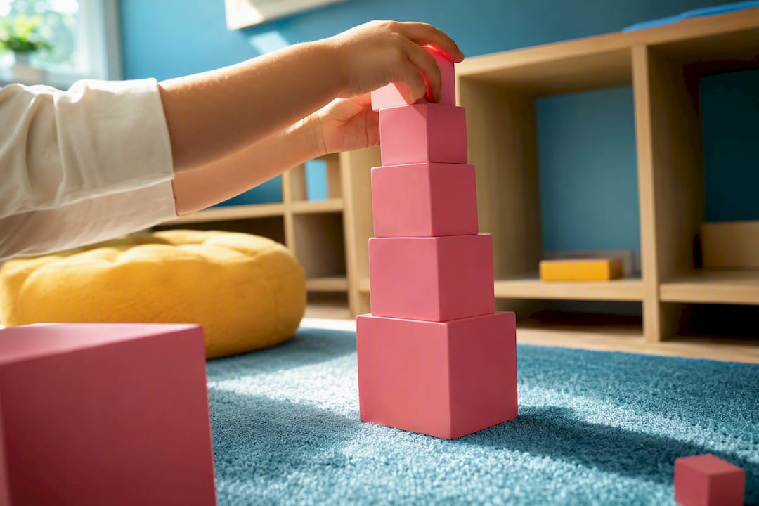 Child building a pink cube tower