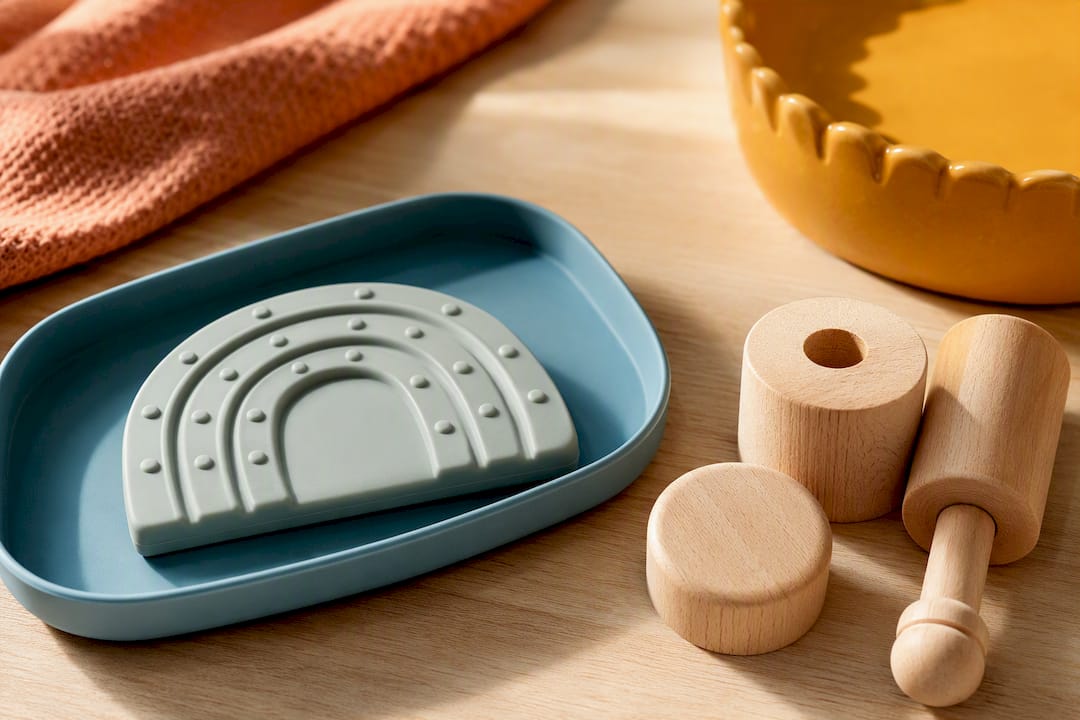 Silicone and beech wood toy materials