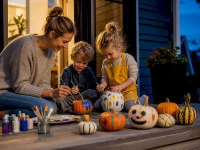 Family painting pumpkins on Halloween porch