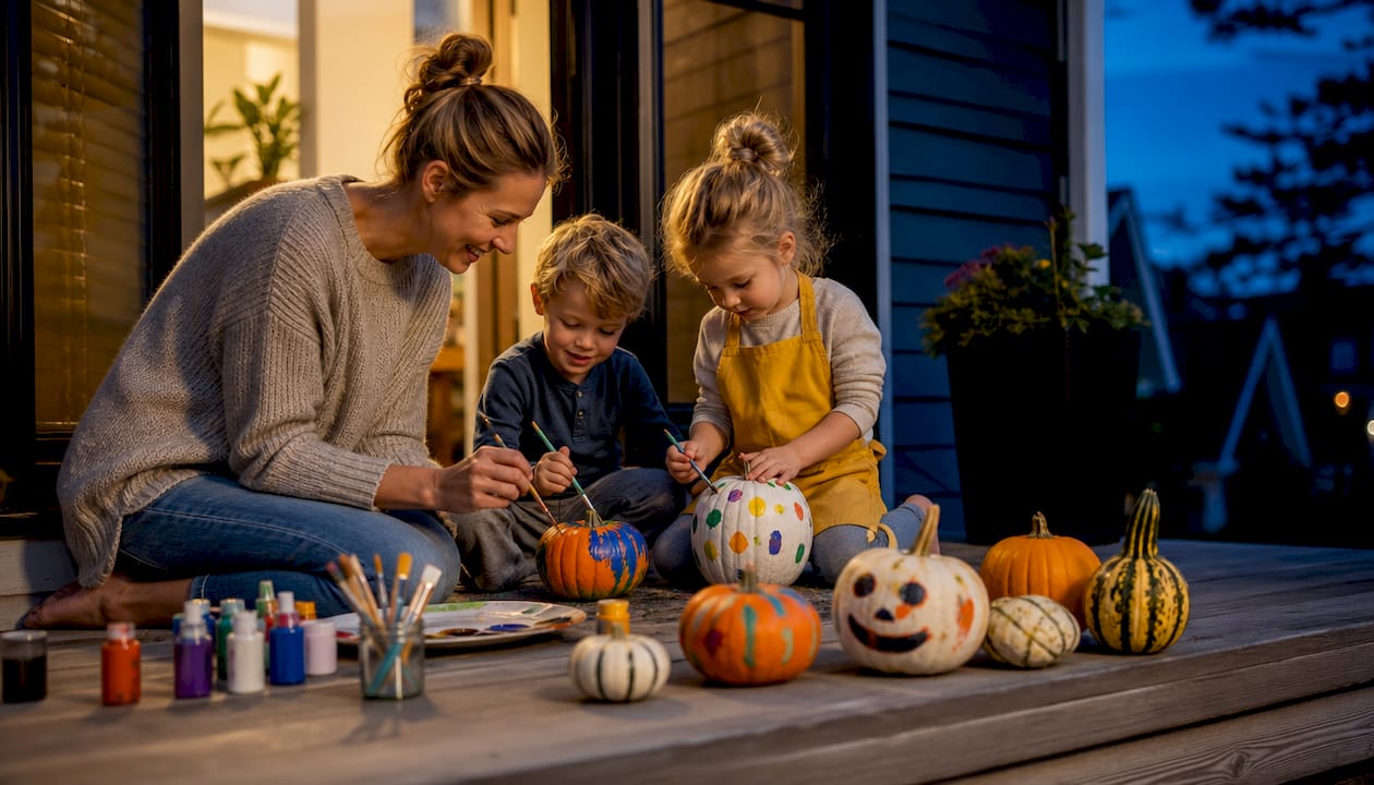 Family painting pumpkins on Halloween porch