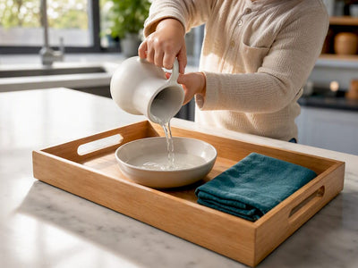 Toddler pouring water with a practical life tray