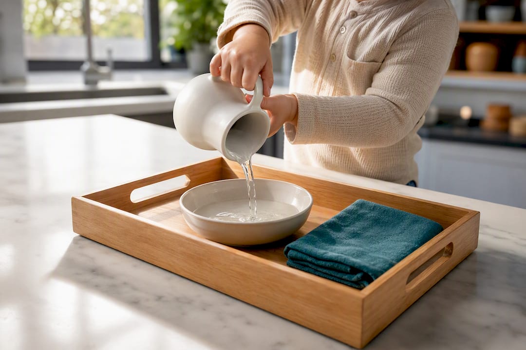 Toddler pouring water with a practical life tray