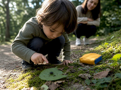 Child carefully examining a beetle outdoors