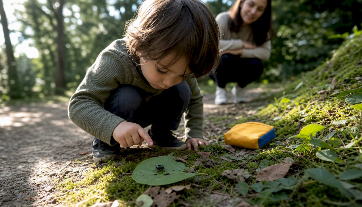 Child carefully examining a beetle outdoors