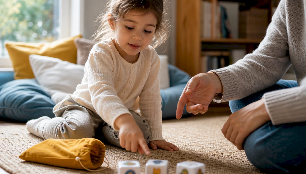 Child beginning a story dice activity