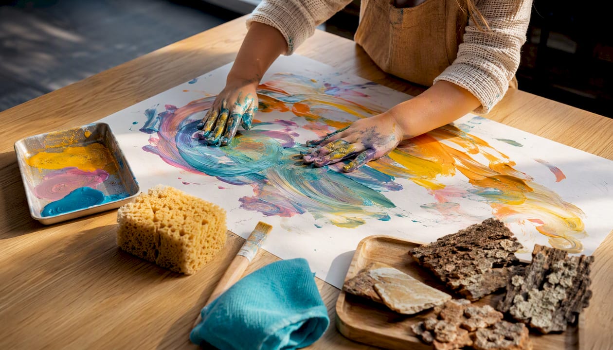 Child exploring paint in open-ended art
