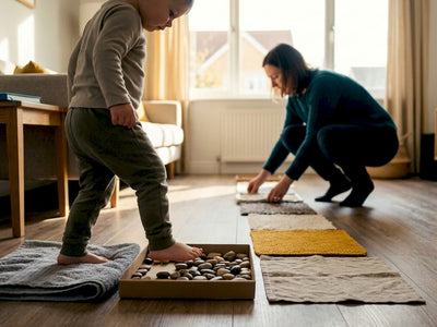 Child walking across homemade sensory path