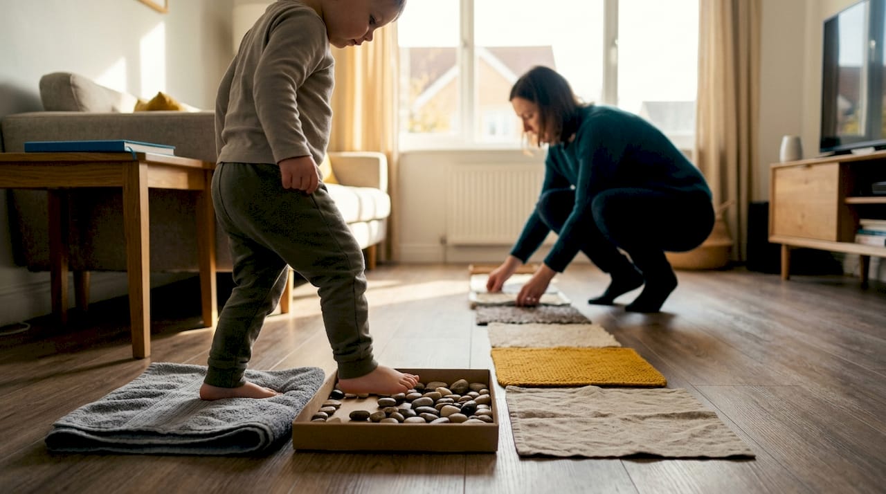 Child walking across homemade sensory path