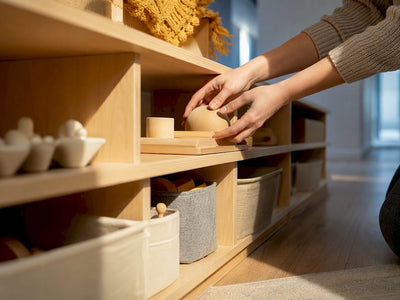 Hands arranging toys on a low shelf