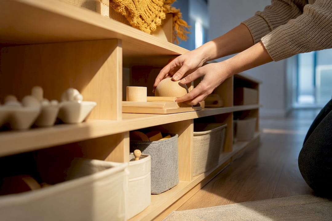 Hands arranging toys on a low shelf