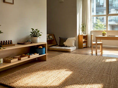 Calm Montessori playroom with defined activity zones