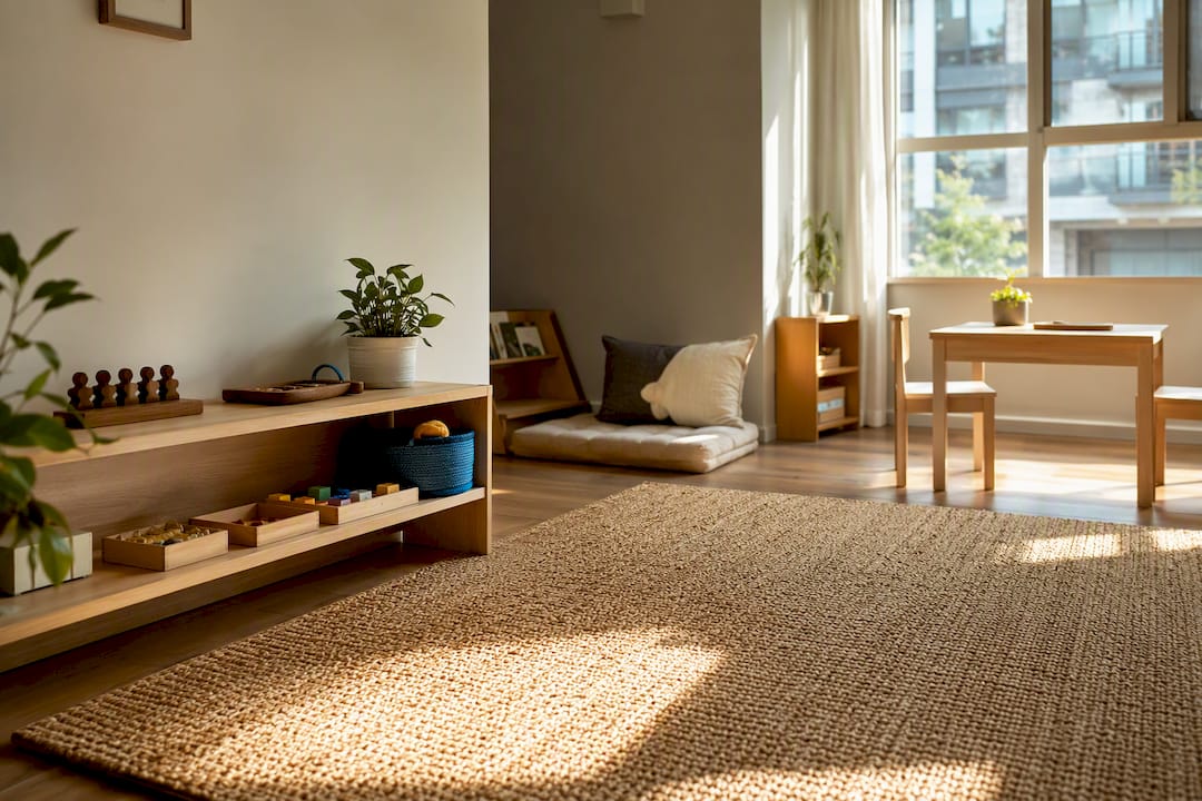 Calm Montessori playroom with defined activity zones