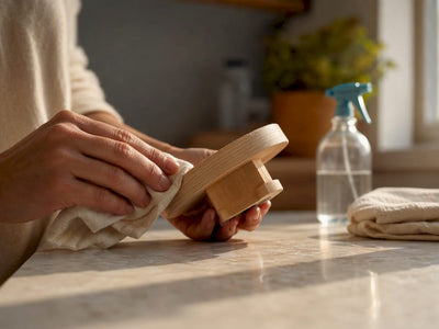 Hand wiping an unfinished wooden toy