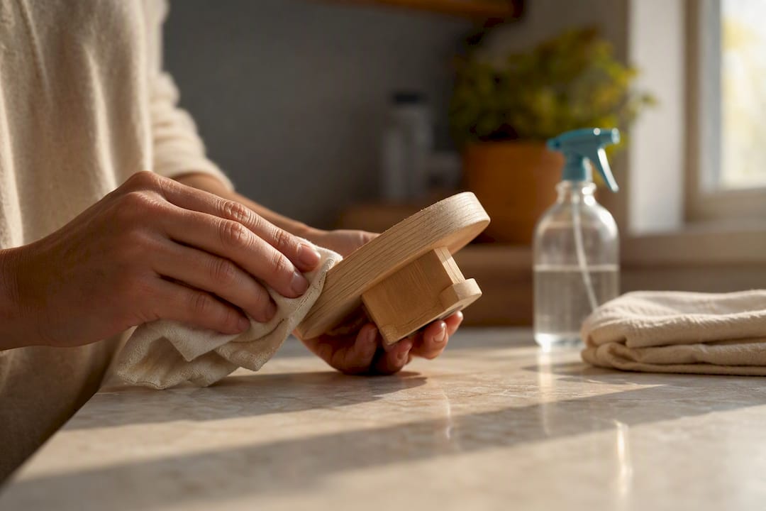 Hand wiping an unfinished wooden toy