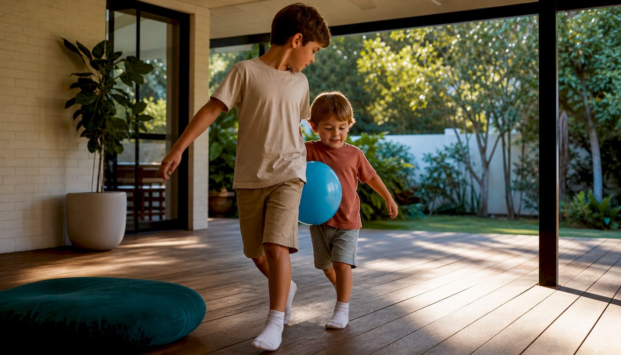 Siblings coordinating a balloon game together
