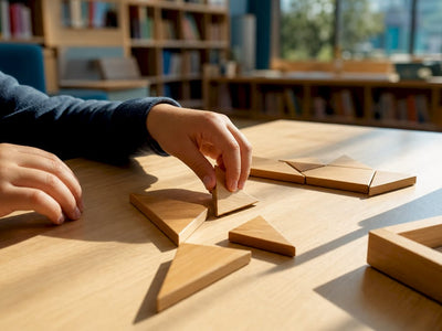 Child arranging geometric tangram puzzle pieces