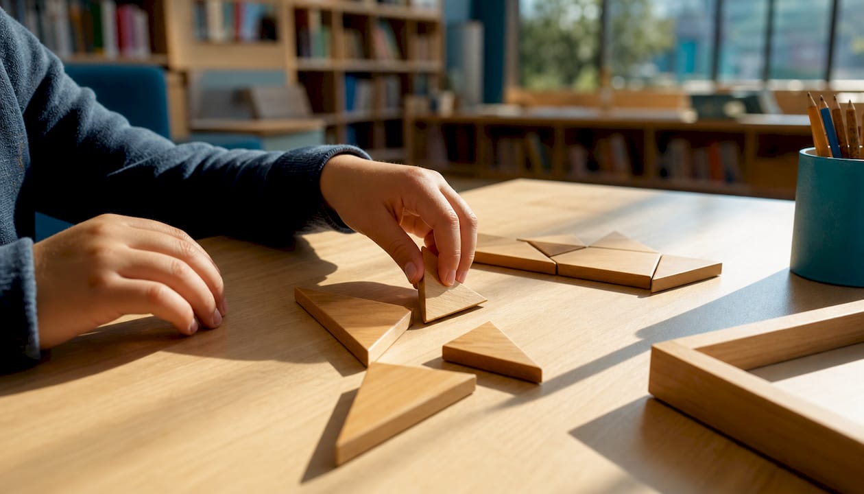 Child arranging geometric tangram puzzle pieces