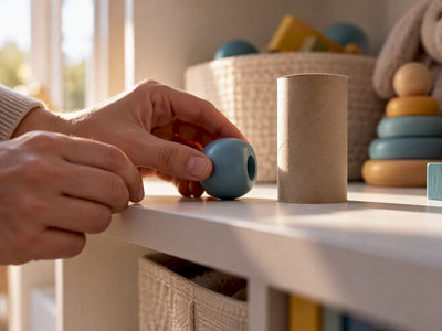 Parent testing a toy part with cardboard roll