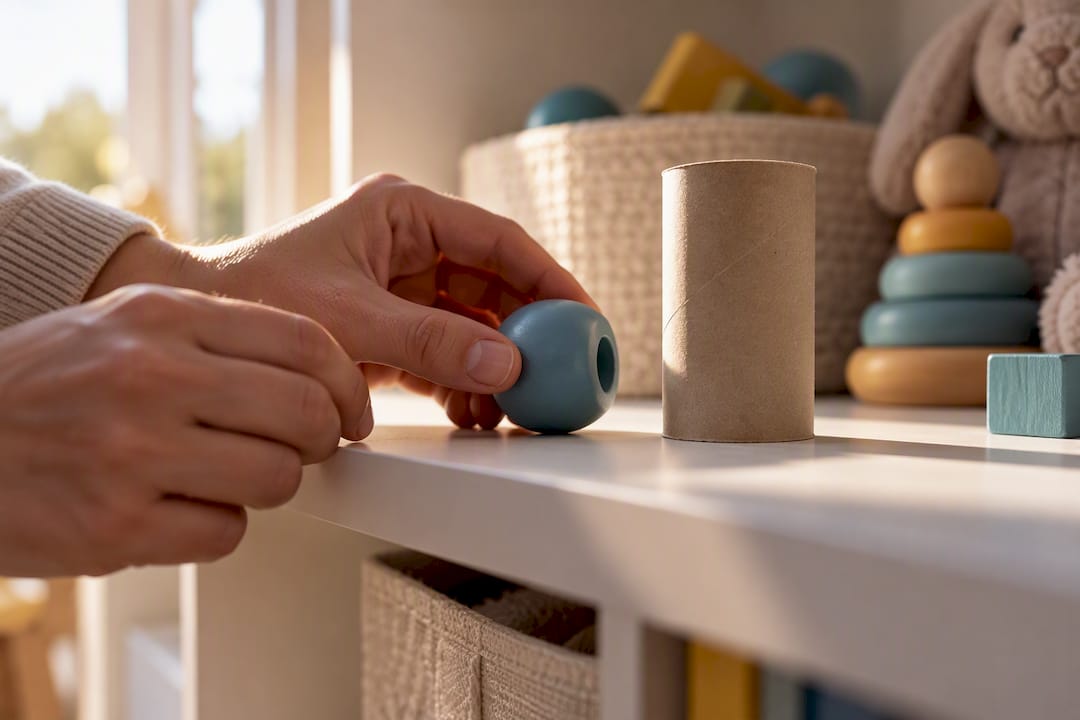 Parent testing a toy part with cardboard roll