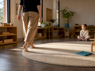 Adult demonstrating courteous walking around rug