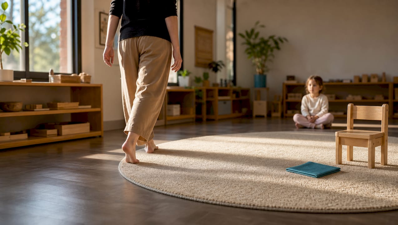 Adult demonstrating courteous walking around rug