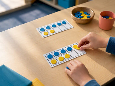 Hands arranging counters on a ten frame