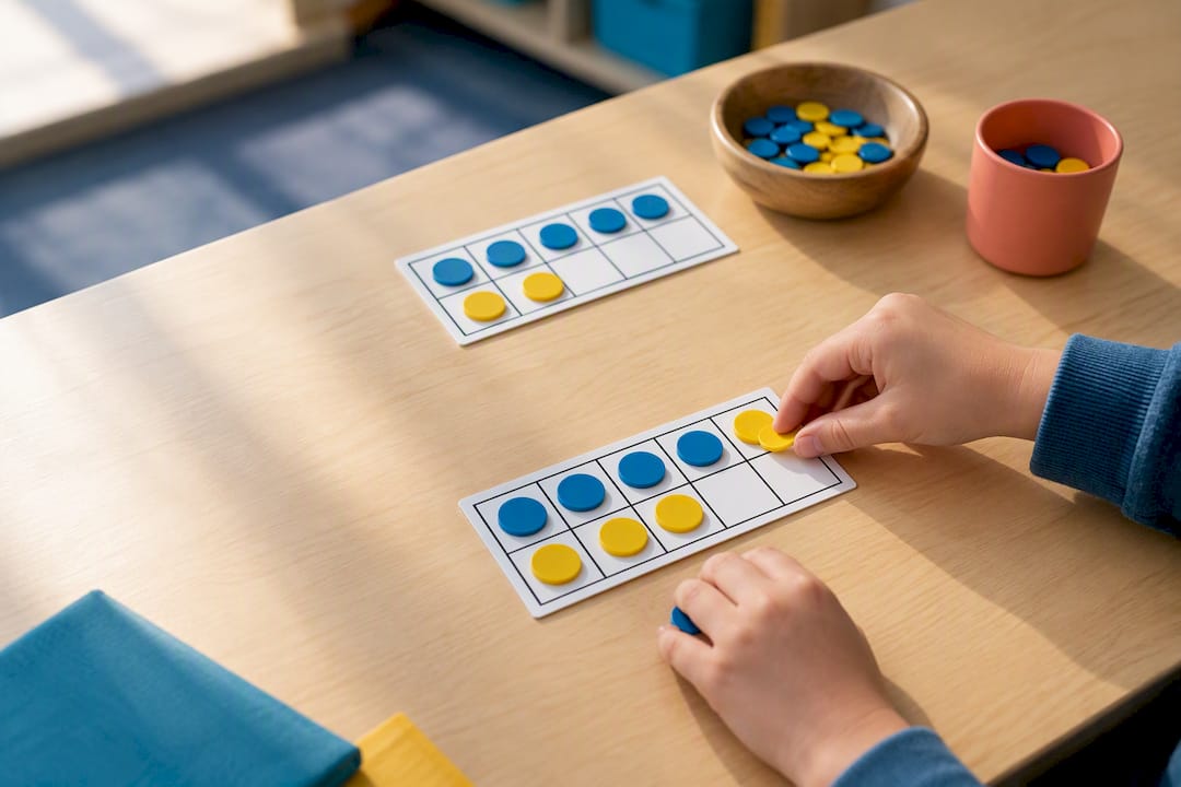 Hands arranging counters on a ten frame
