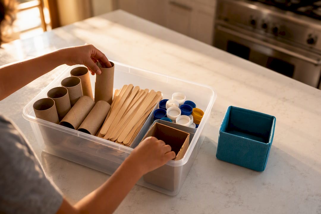 Child sorting materials for home STEM activity