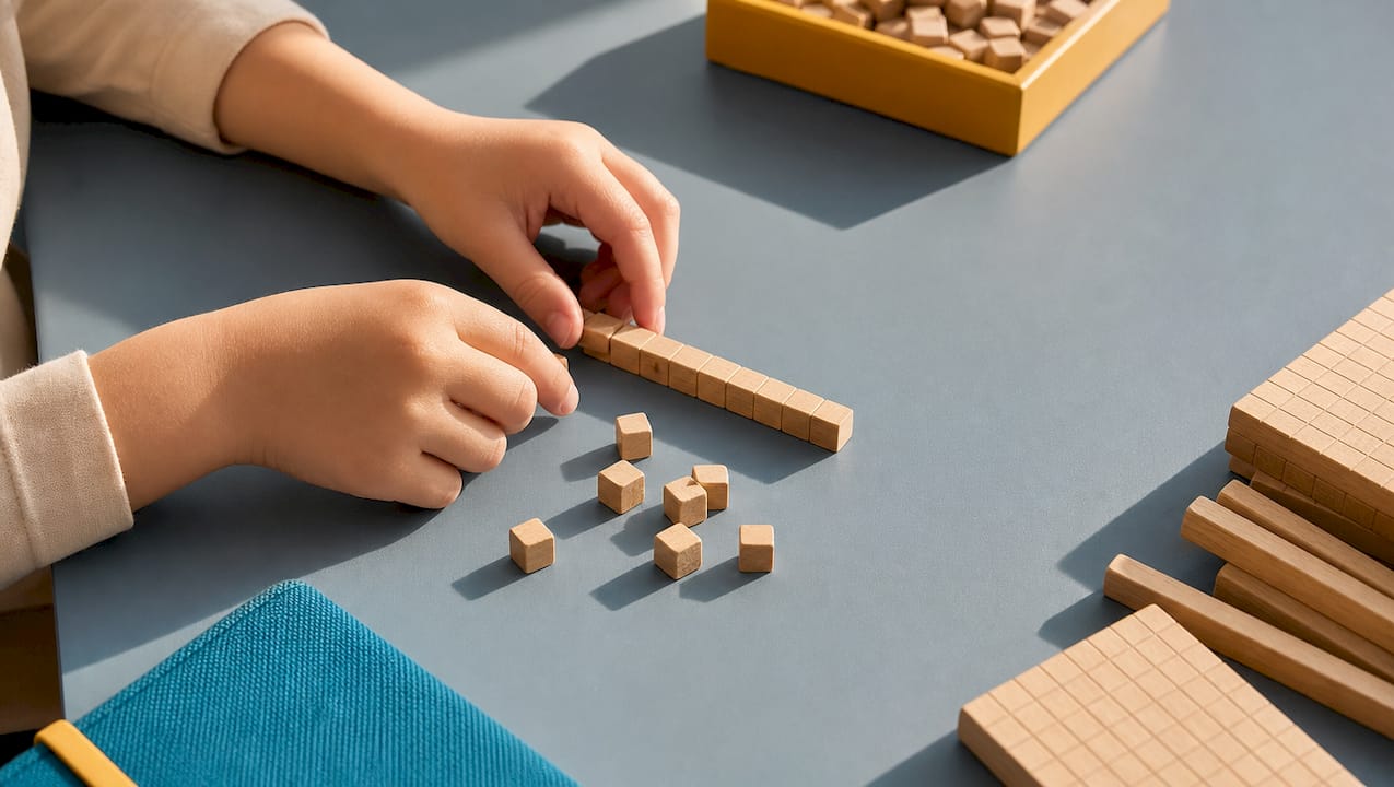 Hands grouping anonymous base ten pieces