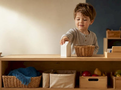 Child arranging pretend grocery store shelf