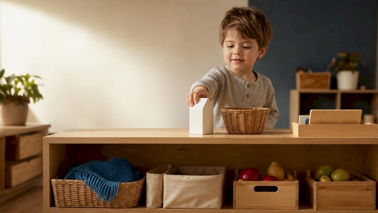Child arranging pretend grocery store shelf