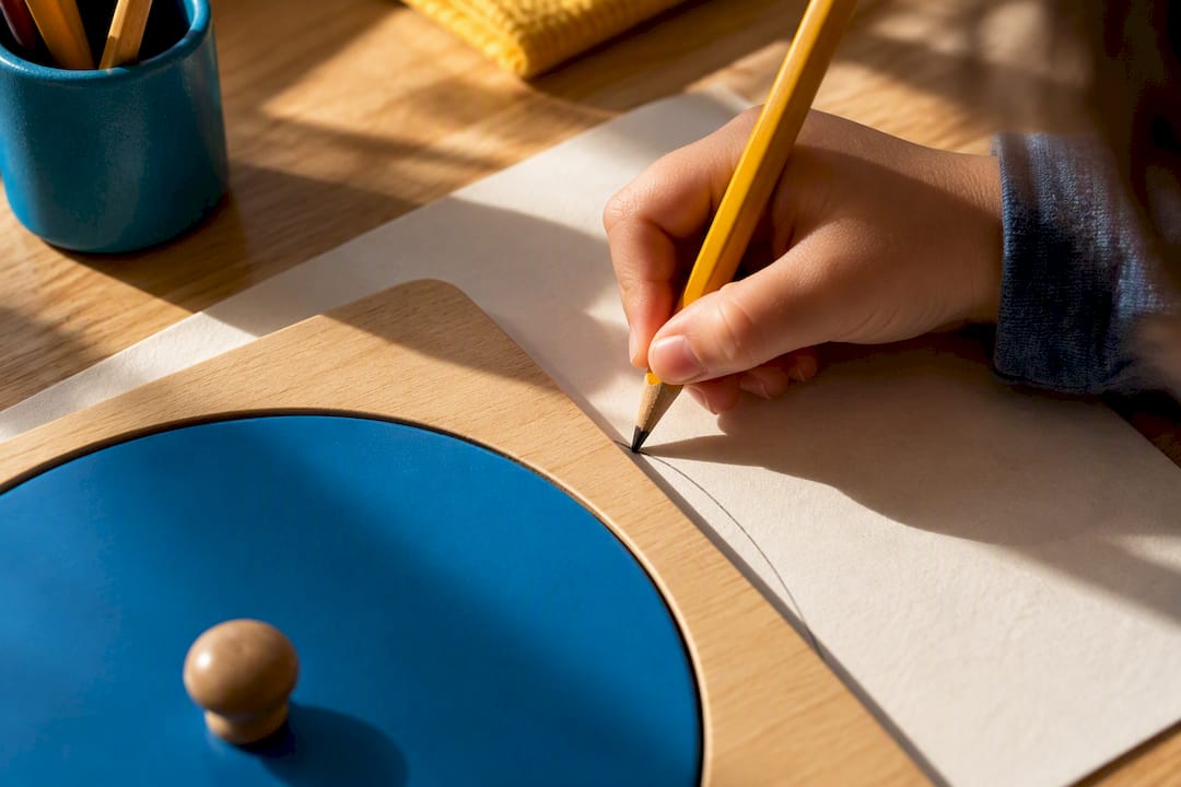 Child tracing a metal inset frame