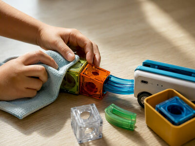 Hands cleaning cube track pieces and charging port