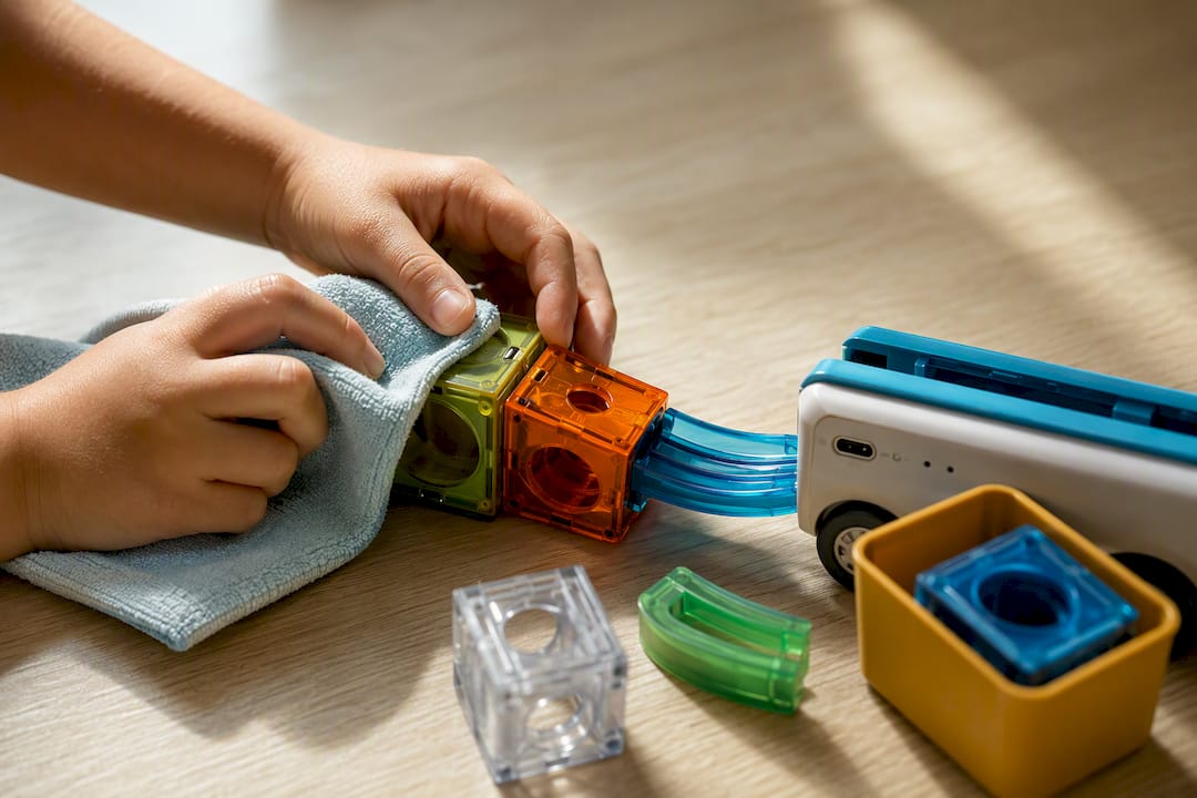 Hands cleaning cube track pieces and charging port