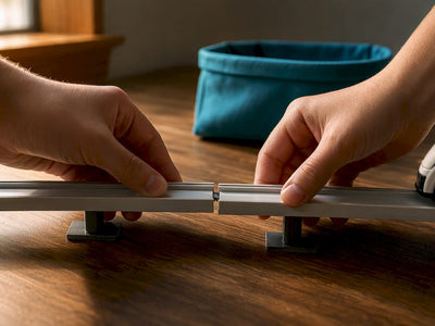Hands aligning magnetic monorail track pieces
