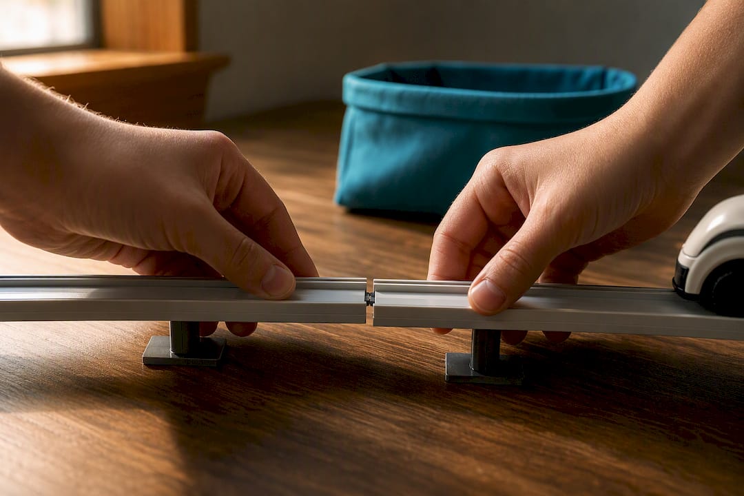 Hands aligning magnetic monorail track pieces