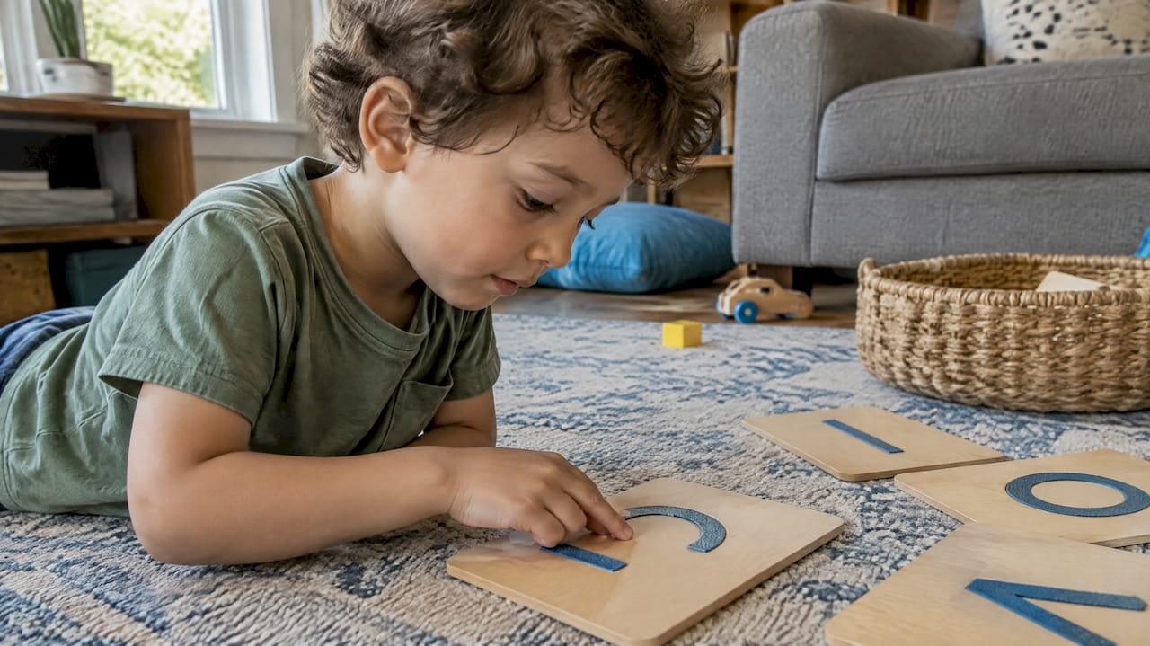 Child tracing Montessori sandpaper letters