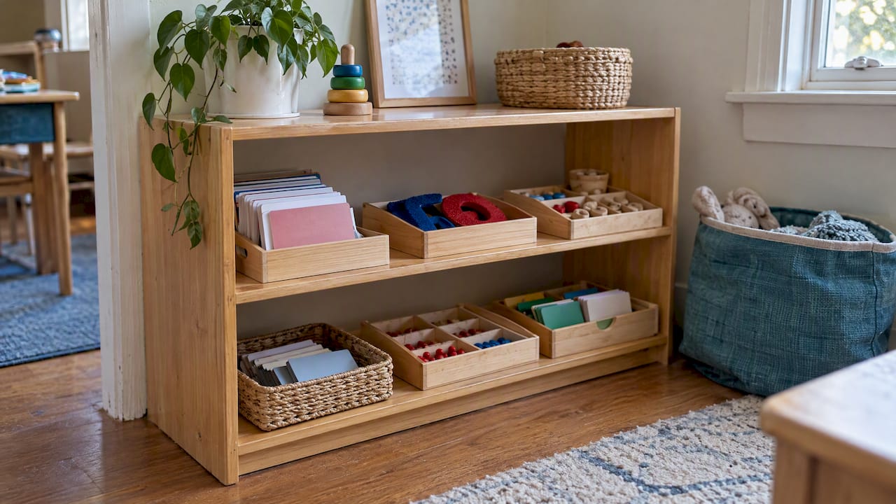 Six low-cost Montessori language trays on shelf