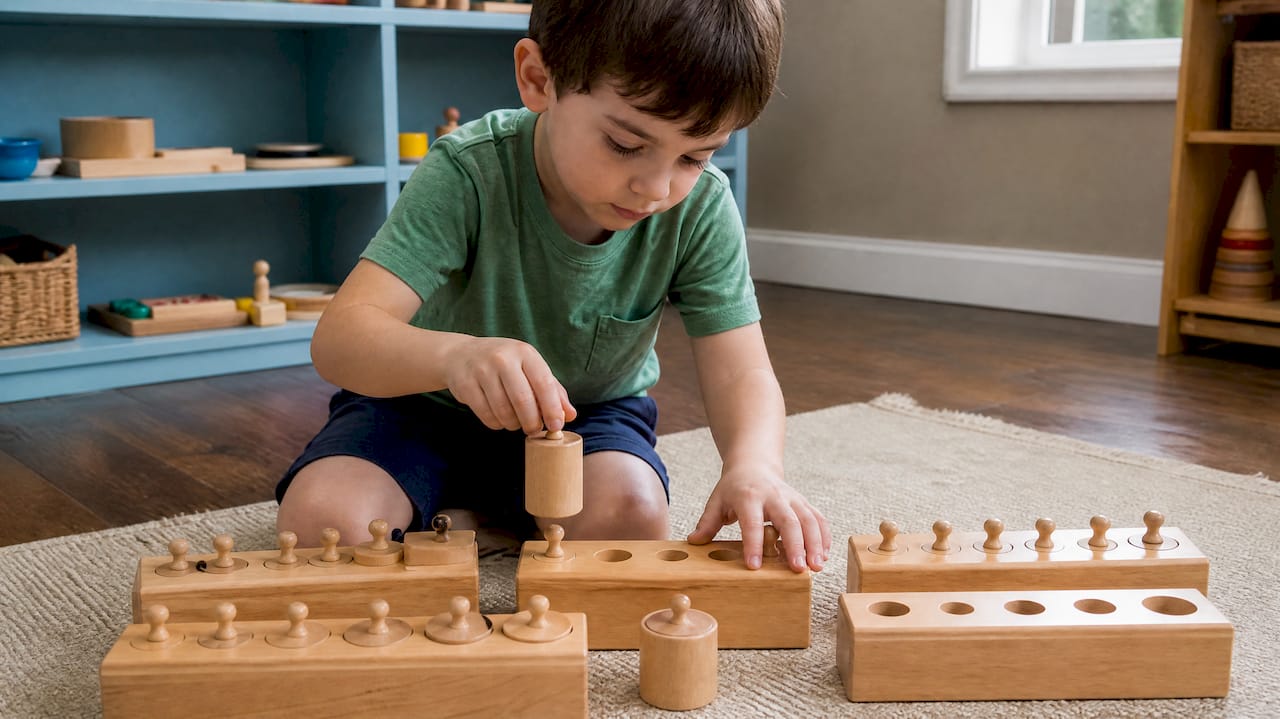 Child working with wooden knobbed cylinders